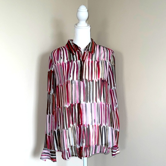 Liz Claiborne Tops - Liz Claiborne Red, Pink and Grey Sheer Long Sleeve Blouse